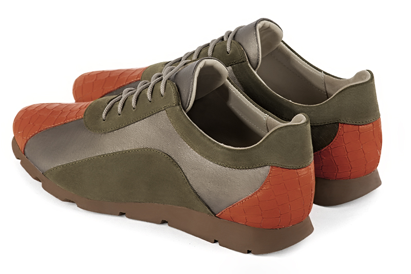 Terracotta orange, taupe brown and khaki green women's three-tone elegant sneakers. Round toe. Flat rubber soles. Rear view - Florence KOOIJMAN